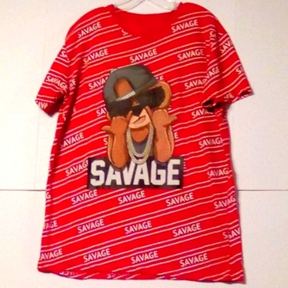 SAVAGE Bear Graphic Grunge Skater Tee Red & White Stripe Crackled Lines Urban - Picture 1 of 9